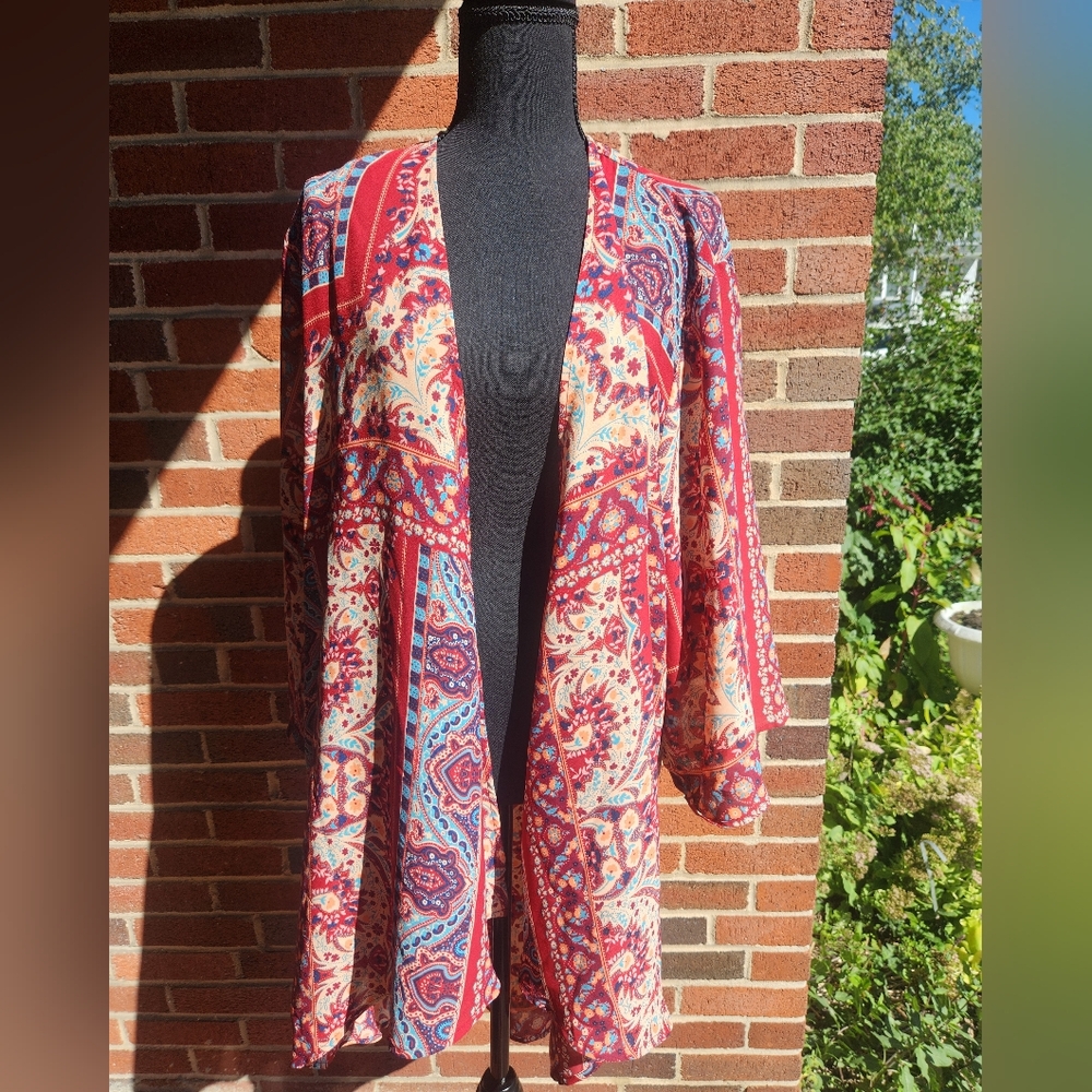 Always Indigo Brand Boho Red/Burgundy Paisley Printed Hippie Duster Size 3XL